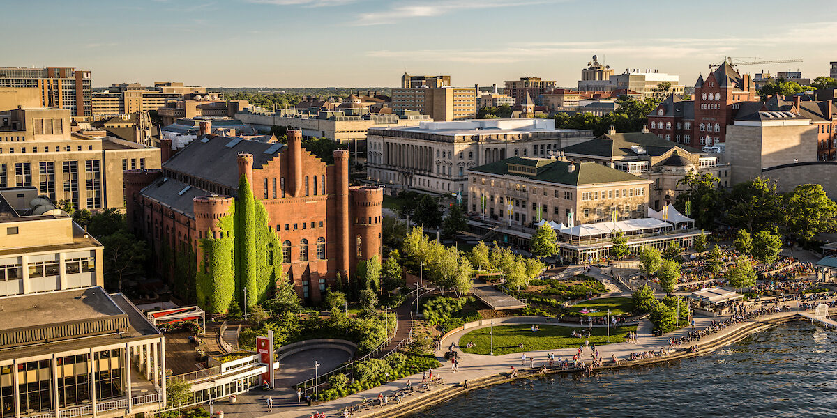 The terrace, the Red Gym, and the Memorial Union are photographed by a drone on a summer evening at the University of Wisconsin–Madison on June 10, 2024. (Photo by Bryce Richter / UW–Madison)