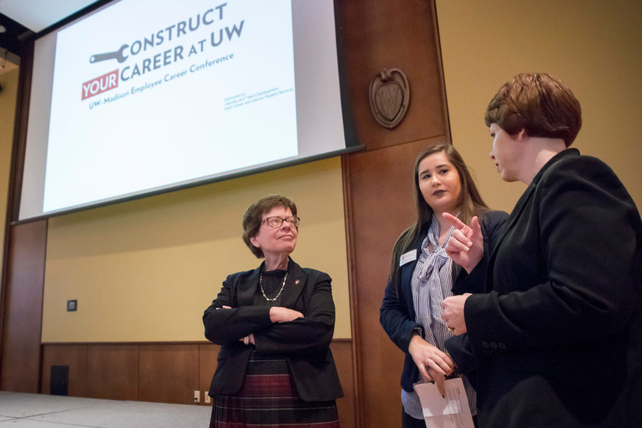 Chancellor Becky Blank, Tori Seymour of Office of Human Resources, and keynote speaker, Sarah Gibson chat before UW-Madison Employee Career Conference at Union South.