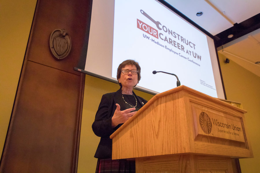 Chancellor Becky Blank gives opening remarks during UW-Madison Employee Career Conference at Union South.
