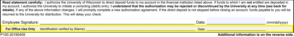 Screenshot of Direct Deposit Form identification verification