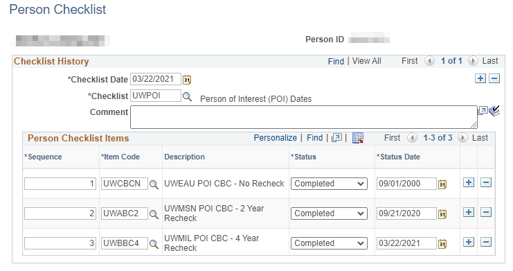 Screenshot of the Person Checklist in HRS