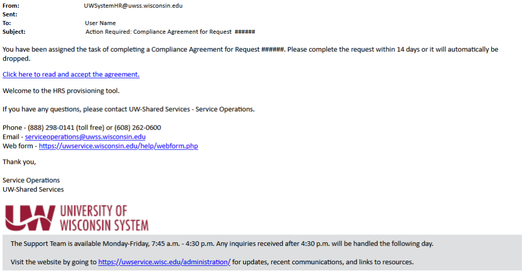 Screenshot of compliance agreement email sent to users after HRS access requests are submitted