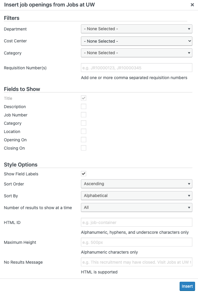 Screenshot showing the interface for adding job openings. It includes filter and display options.