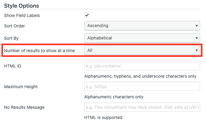 Screenshot showing the style option to choose the number of results to show.