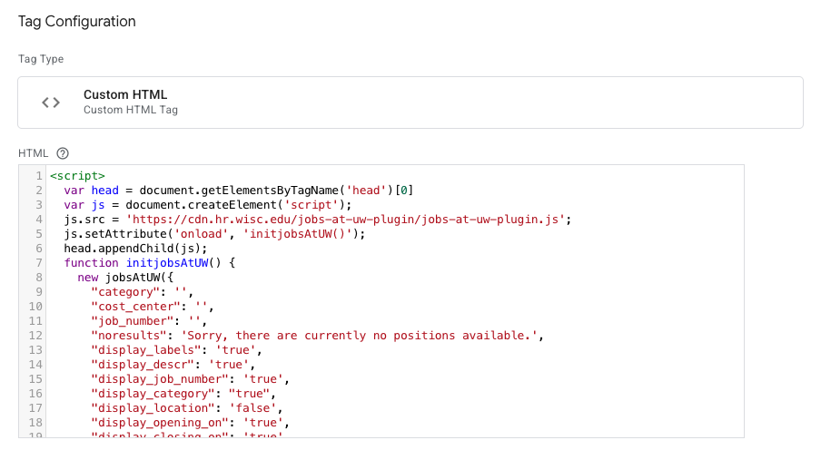 Screenshot showing the Tag Manager tag containing the code snippet.