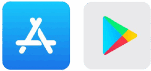 Icons for the Apple App Store and Google Play Store.